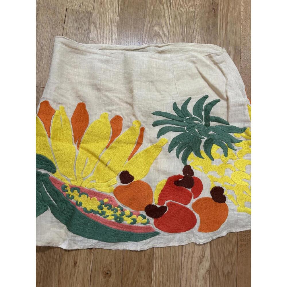 Farm Rio Tropical Print Embroidered Natural Cream Linen Skirt - Size Small